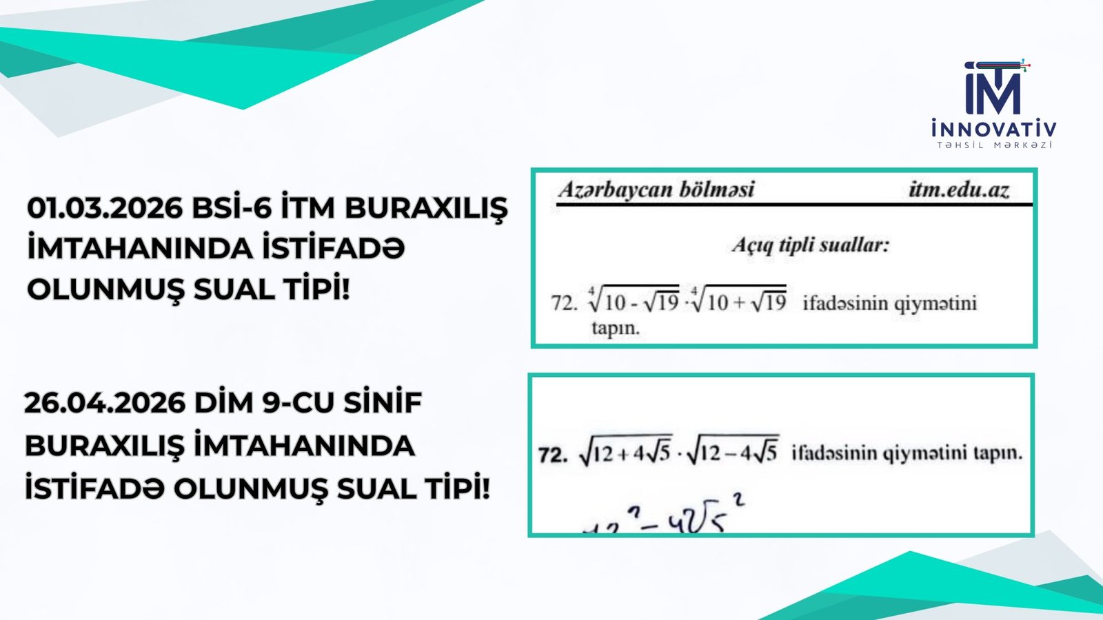 İTM 1 MART BURAXILIŞ SINAQ İMTAHAN SUALI - 26 APREL DİM BURAXILIŞ İMTAHANINDA ŞAGİRDLƏRİN QARŞISINA ÇIXMIŞDIR!
