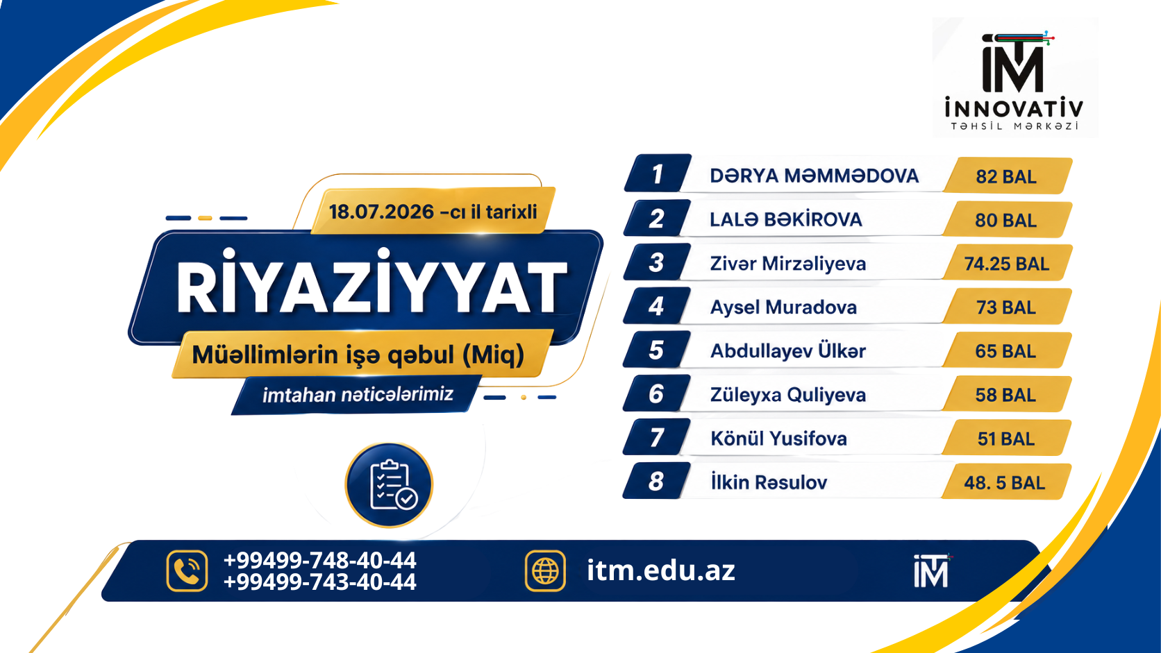 18.07.2026 -cı il tarixli Riyaziyyat fənni üzrə MİQ imtahan nəticələrimiz!