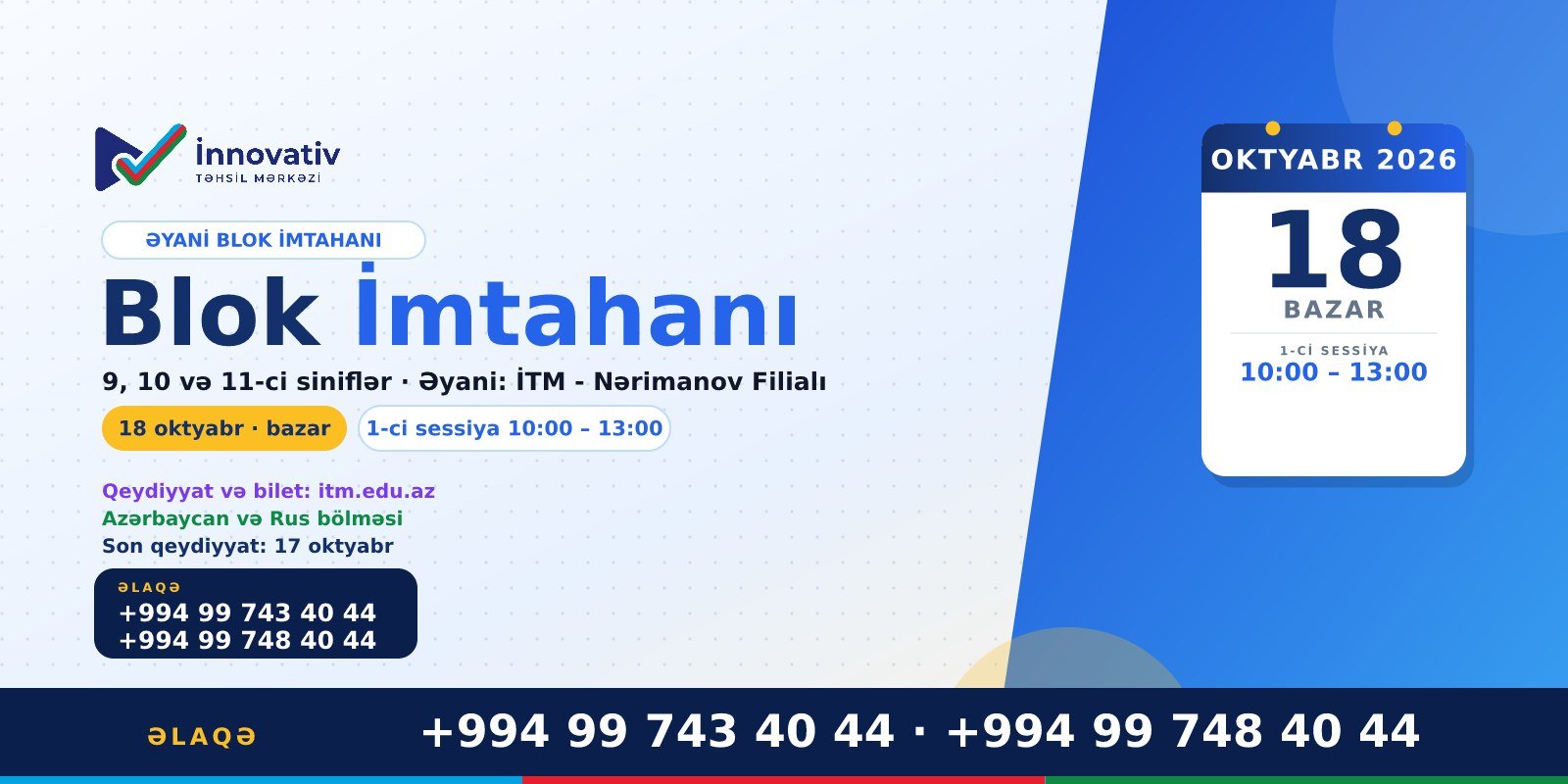 Blok imtahanı 2026-2027: 8 sessiya (18 oktyabr – 23 may)