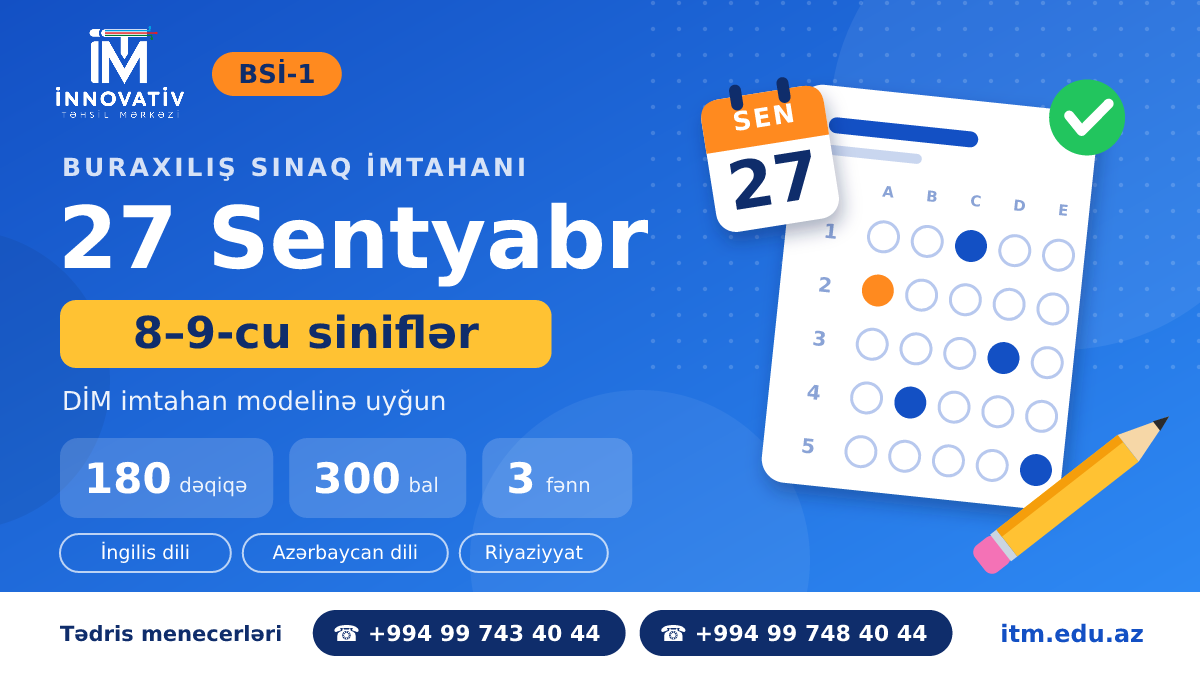 27 Sentyabr Buraxılış Sınaq imtahanı. 8 və 9 sinif  -BSİ 1 Posteri