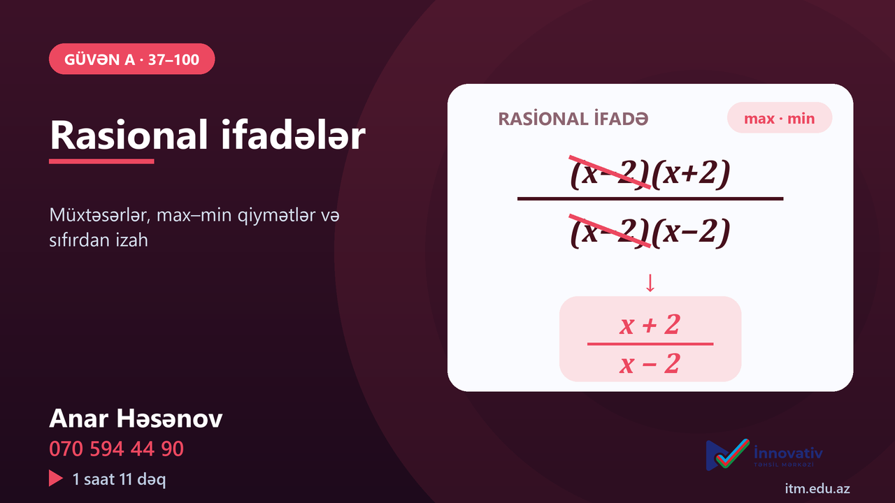 Rasional ifadələr — Müxtəsərlər, ifadələrin max, min qiymətləri və sıfırdan izah (Güvən A 37-100)