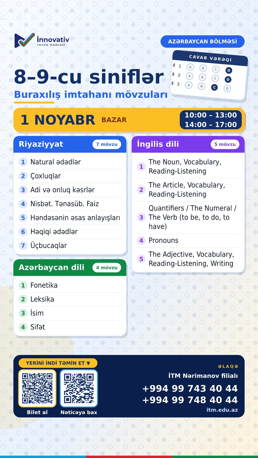 8–9-cu siniflər — Azərbaycan bölməsi — buraxılış imtahanı mövzuları, 1 noyabr